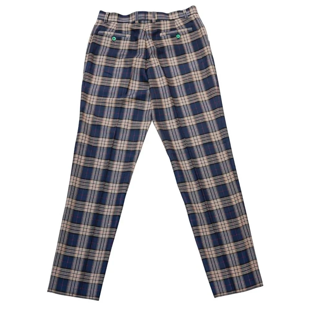 Mens 32 Navy Tan Plaid Dress Pants Straight Fit Flat Front Cotton Trousers NWT